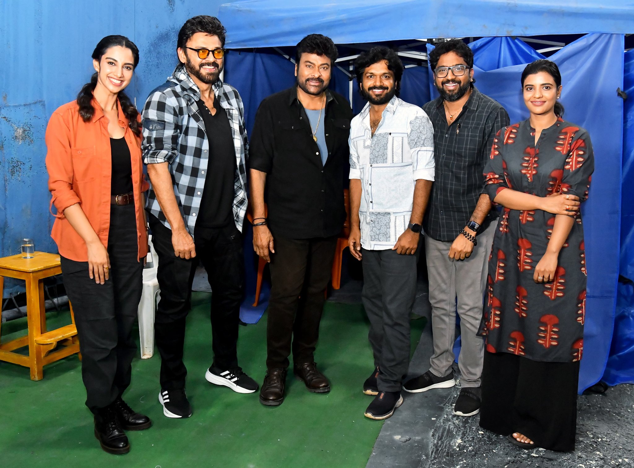 VenkyAnil3 Team with Megastar Chiranjeevi, Venkatesh with Chiranjeevi, Meenakshi Chaudhary and Aishwarya rajesh with Chiranjeevi, Vishwambhara, VenkyAnil3 Movie