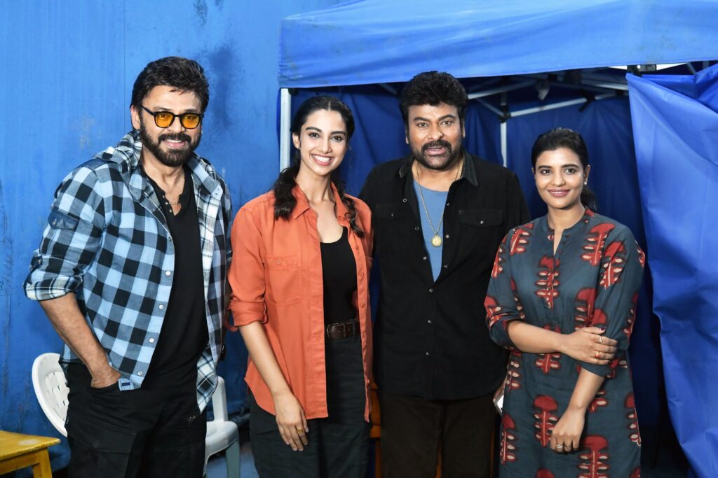 VenkyAnil3 Team with Megastar Chiranjeevi, Venkatesh with Chiranjeevi, Meenakshi Chaudhary and Aishwarya rajesh with Chiranjeevi, Vishwambhara, VenkyAnil3 Movie